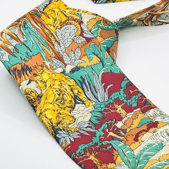 Vintage 90s Pure Silk Red Maroon Yellow Lion Tiger Print Necktie - Picture 4 of 6